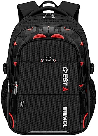 Rucksack Schultasche für Jungen, wasserdichte Rucksäcke Große Kapazität Kinderrucksack mit mehreren Taschen, leichte Schultaschen für Grundschule, Mittel- und Oberschüler, schwarz/rot, S