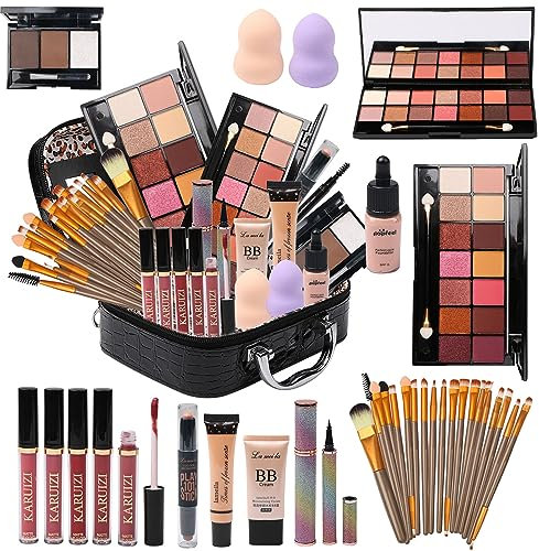 MTDXILTAI Set di trucchi all-in-one per trucco, 2 x 14 colori, tavolozza ombretto, fondotinta liquida, eyeliner, matite, matita per contorni, lucidalabbra, 20 pennelli da trucco da donna