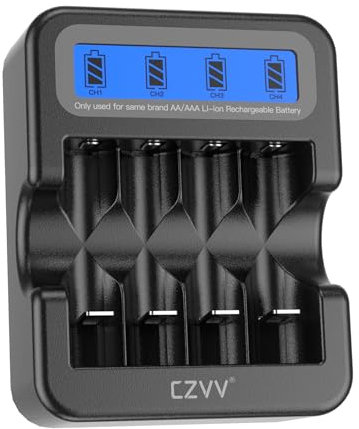 czvv Chargeur de Piles Lithium Rechargeables AA AAA à 4 Emplacements avec écran LCD, Fonction de Charge Rapide, Protection Contre Les Surcharges, Entrée de Type C(Noir)
