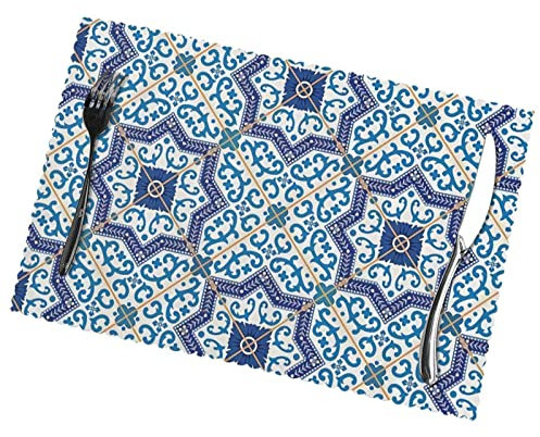 Placemats Moroccan Portuguese Style Classic Tiles Table Mats Set Of 6 Heat Resistant, Non-Slip, Washable For Kitchen Dining Table