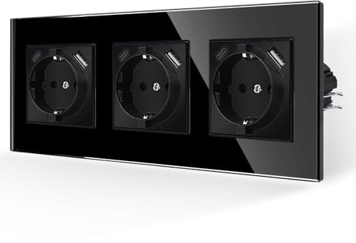 JIMEIDA Enchufes Dobles con USB en Negro,Enchufes de Vidrio de 16Amp con Carga Rápida USB y Puerto Tipo C Enchufe de Pared al Ras