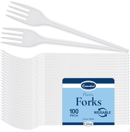 Essential Housewares | White Reusable Forks | BPA Free | Heavy Duty Plastic | Birthdays, Parties, Camping, Catering | 16cm Long