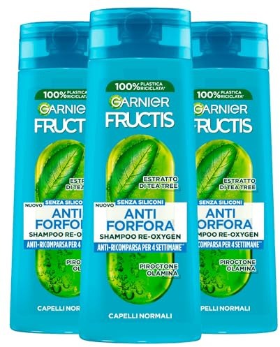 Garnier Fructis Re-Oxygen Anti-Schuppen-Shampoo für normales Haar, vegane Formel mit Teebaum-Extrakt, ohne Silikon, verhindert und beseitigt Schuppen – 3 Flaschen à 250 ml