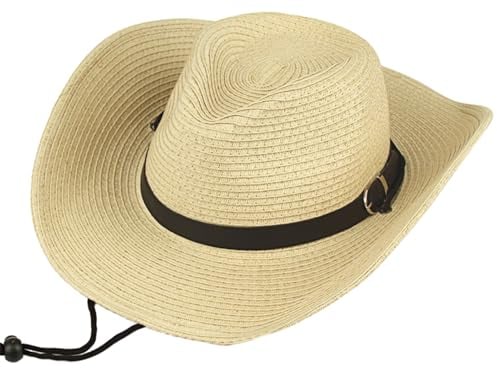 Straw Cowboy Hat for Men and Women - Classic Western Cowgirl Hat With Belt, Wide Brim Sun Hat, Vintage Style Unisex Fedora Beach Cap (Straw, Beige)