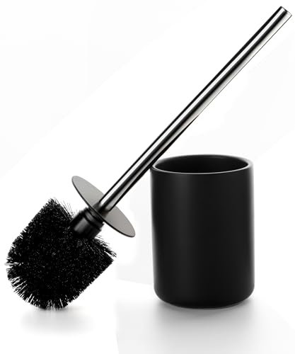 Ceramic Toilet Brush & Holder Set - Freestanding Deep-Cleaning Toilet Bowl Cleaner Brush, Stainless Steel Handle, Small & Sturdy for Storage, Easy to Clean, Non-Scratching
