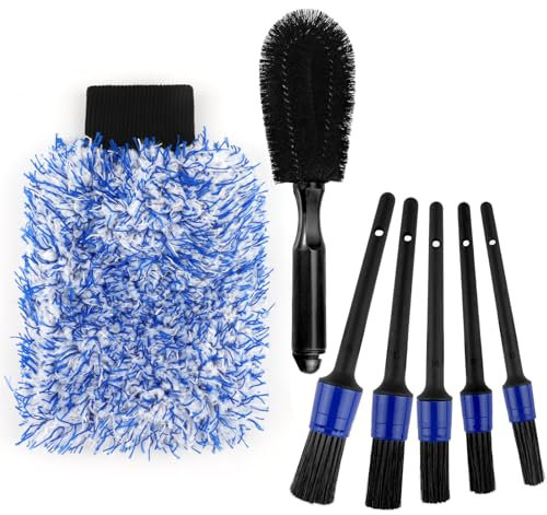 Svalor 7 Stück Auto Reinigung Pinsel Set, Mikrofaser Auto Waschhandschuh mit Detailing Pinsel, Felgenbürste Auto, Multifunktional Pinsel Felgenbürste für Innen-und-Außenraum Autopflege