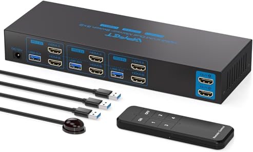 AILVLVNG 4K60Hz EDID HDMI KVM Switch 3 PC 2 Monitore USB 3.0 KVM Switches für 3 Computers teilen Sich 2 Monitors und 4 USB Ports Unterstützt Vervielfältigungs- und Erweiterungsmodi mit DV 12V-Netzteil