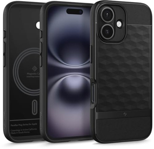 Caseology Parallax Mag für iPhone 16 Hülle [3D Hexa Cube] Magnetische Schutzhülle mit Fallschutz in Militärqualität für iPhone 16 - Matte Black