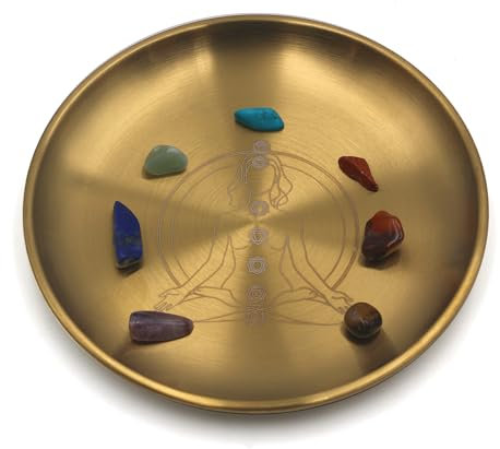 Amitofo Goldene Gebetsritual-Schale mit Chakra-Edelstein, ideal für Altar, Meditation, Räucherstäbchen, Verschmieren, Kerzen, Kristall, Schmuck, Yoga (Chakra)