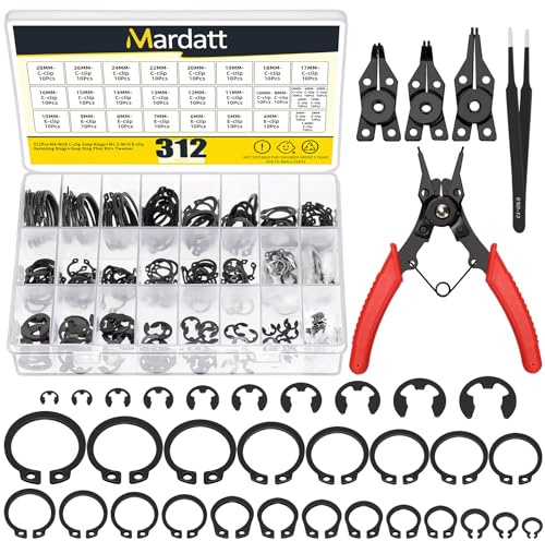 Mardatt 312 Stück 21 Größen C-Clip Externe Sicherungsringe Sprengringe Sortiment Set (M4-M28) mit 10 Größen E-Clip Sicherungsringe Sortiment Set (1,5mm-10mm), 4 in 1 Sprengring Zange und Pinzette