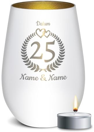 PR Print Royal Weißes Windlicht mit Gravur zur Silberhochzeit - 25 Jahre - mit Namen & Datum - Hochzeitsgeschenk, Geschenk Silberhochzeit | inkl. Teelicht, 450 ml, Innen Gold