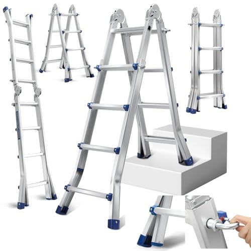 Fiqops Escalera telescópica de 4 m x 4 peldaños de aluminio antideslizante, 150 kg/330 kg, capacidad de carga multiusos, escalera extensible de aluminio