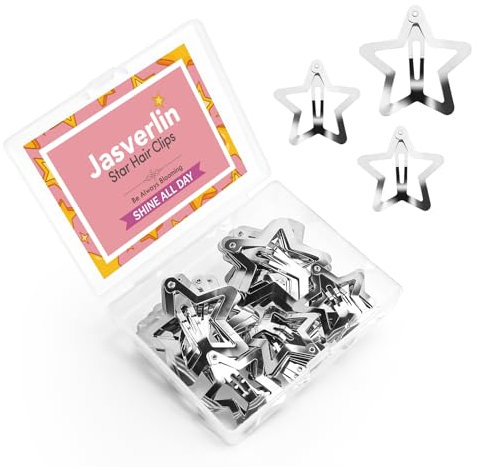 JASVERLIN 50 Pcs Silver Star Hair Clips, Rave Y2K Accessories for Women Girls Teens, Small Cute Fashion Kawaii Metal Snap Hair Barrettes for Festival Concert 1.22 and 1.61