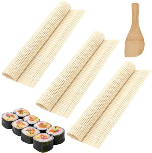 KOLZEMV Natte Sushi 3 pièce, kit sushi, sushi, sushi maker, Sushi Maker Tapis Sushi en Bambou Naturel pour Rouler les Sushis, Kit Sushi Make Outil de Préparation des Sushis pour les Débutants