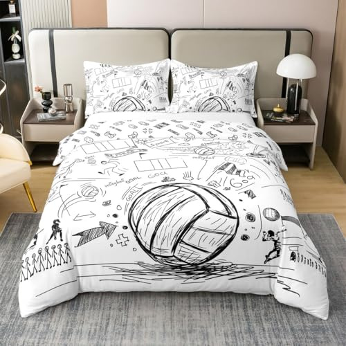 Volleyball 100% Baumwolle Bettbezug 135x200,Sport Athlete Spiele Tröster Abdeckung für Schlafzimmer,Ball Sport Malerei Kinder Teens Weiche Bettwäsche Set,Grau Weiße Stick Figur Bett Set