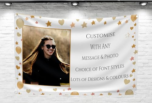 Large Personalised Banner Backdrop for Any Occasion Customised with Any Message Photo for Birthday Anniversary Wedding Engagement Party Decorations Rose Gold Women (Rosegold Hearts, with PHOTO)