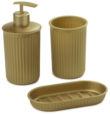 Tatay Ensemble 3 Pièces Comptoir Salle Bain (Gobelet +, sans BPA | TATAY Ensemble 3 Pièces pour Comptoir | Matériau Plastique | sans BPA | Finition de Couleur | Usage Salle de Bain, Or