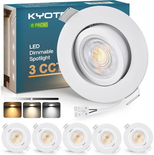 KYOTECH LED Einbaustrahler 230V Dimmbar 68-75mm, 5W LED Spot Ultra Flach 550LM, 3000K/4000K/6500K Deckenspots, 45° Schwenkbar Einbauleuchten, IP44 Einbauspots für Badezimmer Wohnzimmer, Weiß 6er Set