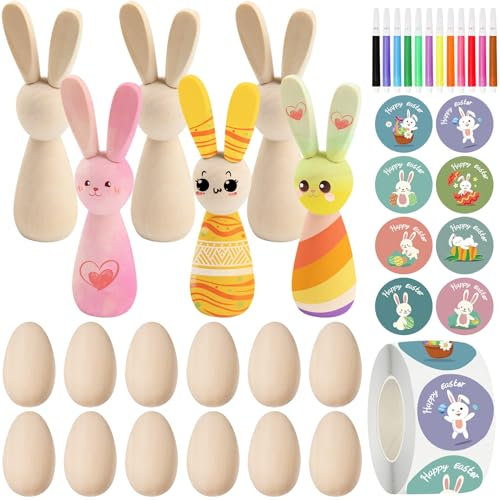 12 Stück Ostereier Holz+6 Stück Osterhase Holz+500 Stück Osterhase Aufkleber+12 Stück Aquarellstift Ostern Eggs Holz Holzeier Osterhase Deko Ostereier Bemalen Set Ostereier Deko Osterdekoration