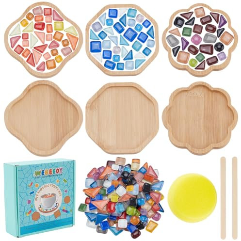 WEBEEDY 3 Sets DIY Mosaic Coasters Kit Mixed Color Mosaic Tiles with Bamboo Coaster Handmade Mosaic Coaster Making Kit with Instruction for Adults Beginners Table Protection Home Decor,3 Styles