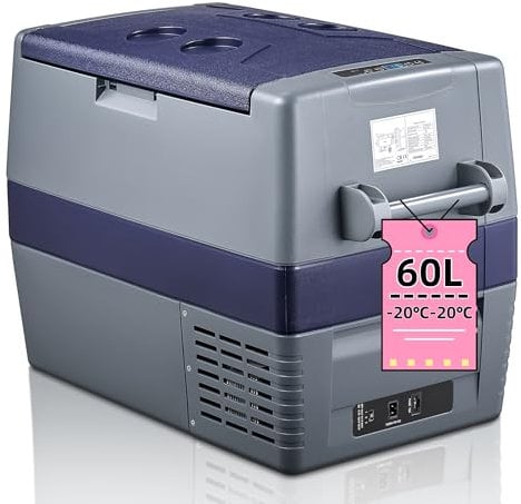 FOHERE Kompressor Kühlbox, 60L Tragbarer Kühlschrank und Gefrierschrank(-20℃~20℃) mit 12/24V DC & 220-240V AC für Auto, RV, LKW, Van, Boot für Camping, Reisen, Angeln, Grau