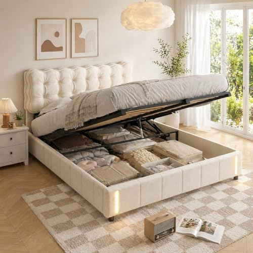 PerGar Polsterbett Doppelbett 160x200 mit LED Beleuchtung, Hydraulisches Stauraumbett mit Kopfteil & Lattenrost, Bett mit Bettkasten, Jugendbett Bettgestell, Samt, Beige, Ohne Matratze