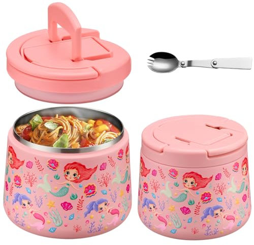 Itslife Thermobehälter für Essen 420ml, Warmhaltebehälter Essen Edelstahl mit Deckel und Löffel, Thermo Lunchbox Kinder Auslaufsicher, Essensbehälter für Picknick, Schulen und Büros, Meerjungfrau