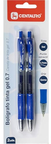 Centauro - Packung mit 2 Gel-Kugelschreibern, blau, Spitze 0,7 mm, einziehbar, ergonomischer Gummigriff, glattes und flüssiges Schreiben, verhindert Ermüdung über lange Zeiträume, perfekt als