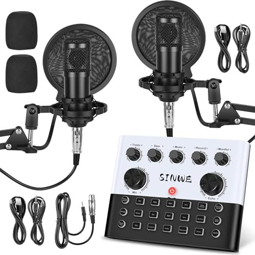 SINWE Podcast Equipment Bundle for 2,Audio Interface with Podcast Microphone for Smartphone & PC,All-in-One DJ Mixer,Plug-and-Play,Perfect for Streaming, Singing, YouTube & Gaming