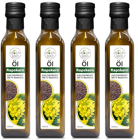 Health Seed® 4 x 500 ml / 2 litres – Huile de colza non filtrée – Bouteille en verre 100 % pure pressée à froid – Fraîcheur du fabricant