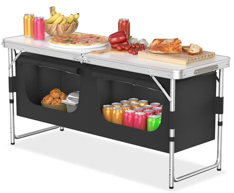 FIVMEN Campingküche Faltbar Campingschrank mit Aluminiumgestell und Staufächer Höhenverstellbar Reiseküche Küchenbox Zeltschrank Camping Zubehör für Outdoor Camping Küche, 120x47x54 cm