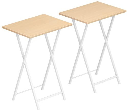 HOOBRO Plegable Mesa Auxiliar de 2, Mesa Lateral para Sofá, Escritorio Pequeño para Portátil, pequeño Plegable Mesa de TV, Fácil Almacenamiento Estructura, Blanco y Madera Natural EWN25BZ01