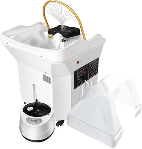 Bac à shampoing japonais avec réservoir d'eau de 60 L, fonction fumigation et luminothérapie, plateau de massage, 4 roulettes universelles, pommeau de douche réglable et interrupteur chaud/froid, bl