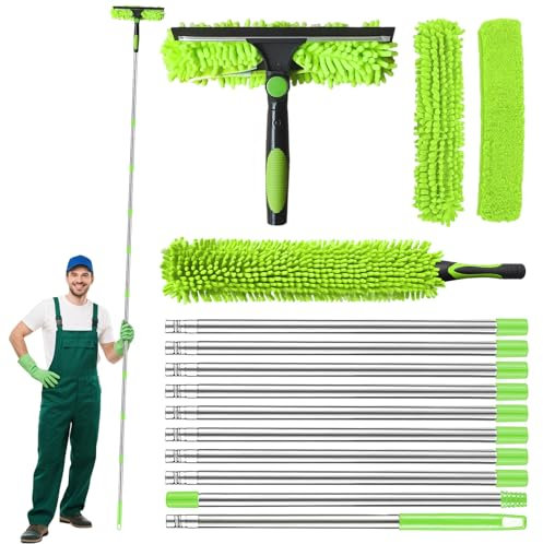 Kit per la Pulizia Delle Finestre da 4 Metri,2 in 1 Kit Lavavetri,10 Estensibile Bastoncini per la Pulizia,2 Panni in Microfibra,Lavavetri Telescopico per Finestre Alte,Vetri dell'auto (Verde)