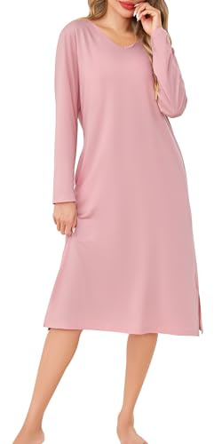 Wikoan Chemise de Nuit Femme en Coton Chemise de Nuit Longue Super Doux Robe Hiver Pyjama à Manches Longues Col en V avec Poches S-3XL