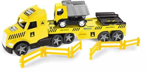 Wader 36421 - Magic Truck Tieflader mit Kipper, Absperrgittern und Rampen, Größe ca. 79 cm, für Kinder ab 3 Jahren, geeignet als Geschenk für kreatives Spielen