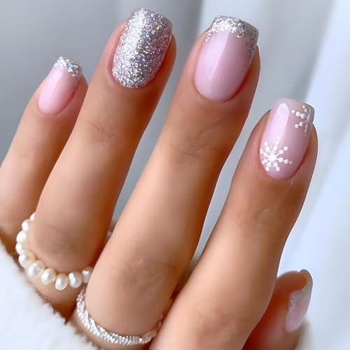 Viugex 24 Pièces Noël Faux Ongles à Coller Courts Carrés, Français Rose Press on Nails avec Flocons de Neige, Paillettes Acrylique Faux Ongles Autocollants, Réutilisables Capsule Ongles pour Femmes