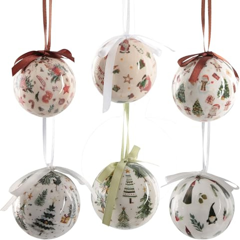 Moderne Weihnachtskugeln 6er Set Weihnachtsmotive grün rot, bruchsichere Christbaumkugeln aus Kunststoff, Baumschmuck Weihnachten klassisch