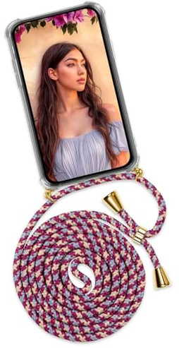 ONEFLOW Handykette für iPhone 17 Pro Max Hülle mit Band, Handyhülle mit Kette abnehmbar, Handyband zum Umhängen, Handy Umhängeband Lange Handykordel, Twist Case – Rot Gold