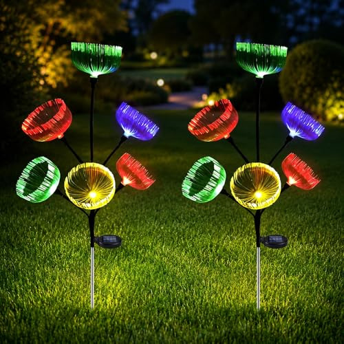 PORFOYO 2 Stück Quallen Solarleuchten,Quallen Form Solarleuchten,Quallenlicht Solar Gartenleuchte,Solarlampen Für Außen Garten Für Terrasse,Rasen Und Patio,Garten Wege,Rasen,Balkon,Deko,Mit 4 Farben