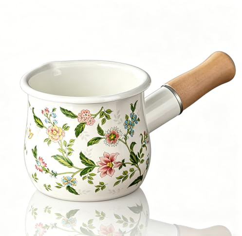 Shoxil Milk Pot – Small Sauce Pan with Butter Warmer, Enamel Pot Mini Pot for Milk Boiling, Mini Saucepan for Single Serving