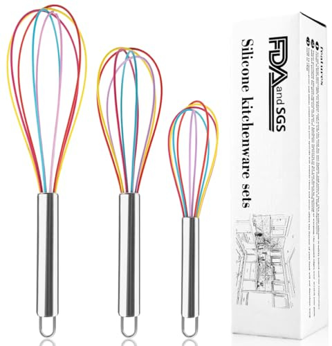 Silicone Whisk Set,Stainless Steel Handle Whisk 8 10 12 Rubber Whisks Cooking Non Scratch High Heat Resistant,Balloon Egg Beater for Whisking,Beating,Blending Ingredients,Mixing Sauces,Rainbow