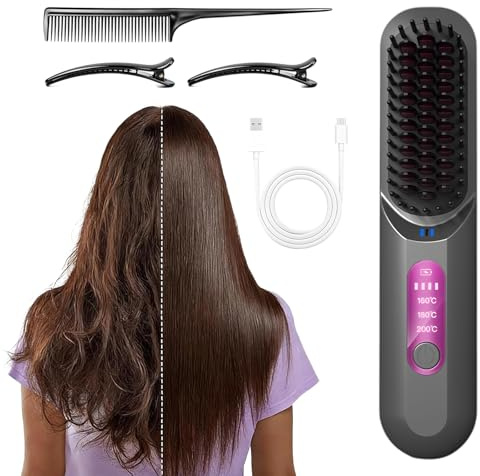 Mhekrep Plancha de pelo tipo cepillo con cable, para hombre y mujer, recargable vía USB, tecnología de 20 millones de iones negativos, inalámbrico, portátil, perfecto para viajes (negro)