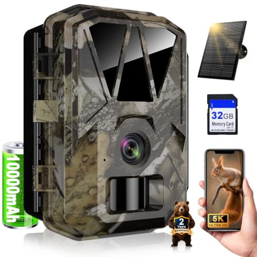Wildlife Camera WiFi, 5K/64MP HD, Trail Camera Solar with 10000mAh Battery | Night Vision Activated, 0.1s Trigger Speed, 10000mAh Built-in Lithium Battery Rechargeable, 32GB SD, IP66, Garden Monitoring