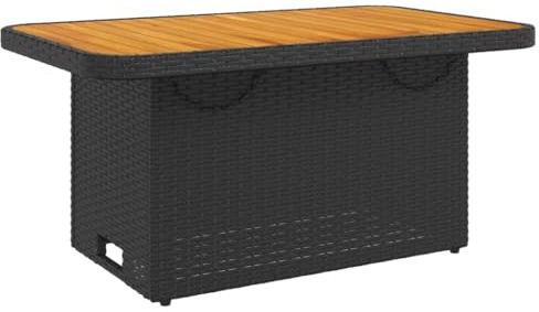 TEKGHUT Gartentisch Schwarz 90x55x71 cm, höhenverstellbarer Couchtisch aus Poly Rattan und Akazienholz, verwandelbar in Esstisch für Terrasse und Garten