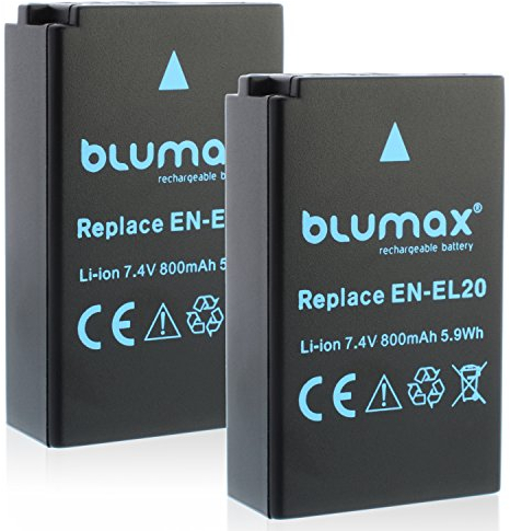 2X Blumax EN-EL20 Akku kompatibel mit Nikon DL 24-500 1 AW1 J1 J2 J3 S1 V3 COOLPIX A - Blackmagic Pocket Cinema 800mAh 7,4V 5,9Wh
