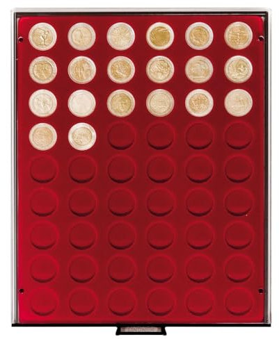 LINDNER Das Original Münzbox RAUCHGLAS mit 54 runden Vertiefungen für Münzen mit Ø25,75 mm, z.B. für 2 Euro-Münzen
