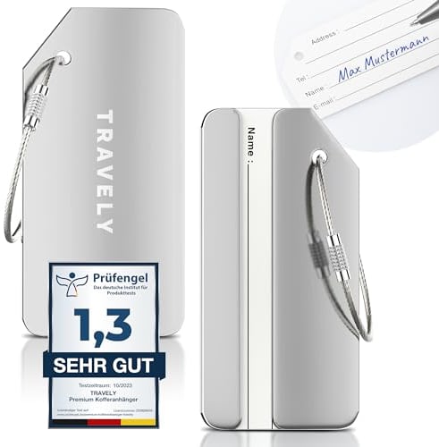 Travely - Premium Kofferanhänger - extra sichere Anhänger für das Gepäck - inklusive Namensschild - 2er Set - silber