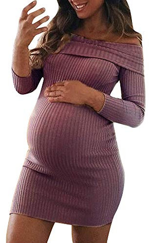 Femme Robe Pull Hiver Chaud Confortable De Maternité Femme BéBé Allaitant Enceinte Grossesse Robe Tricot Manche Longues Epaule Denudee Grand Taille Dress (S(EU42), Violet)