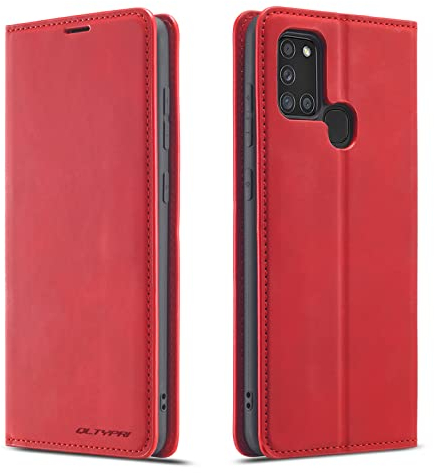 QLTYPRI Case for Samsung Galaxy A21S, Premium PU Leather Cover TPU Bumper with Card Holder Kickstand Hidden Magnetic Adsorption Flip Wallet Case Cover for Samsung Galaxy A21S - Red